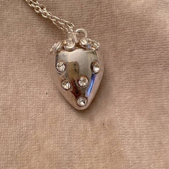 ✅Silver plated finish strawberry pendant w/ CZ stones, long chain necklace - Picture 2 of 4